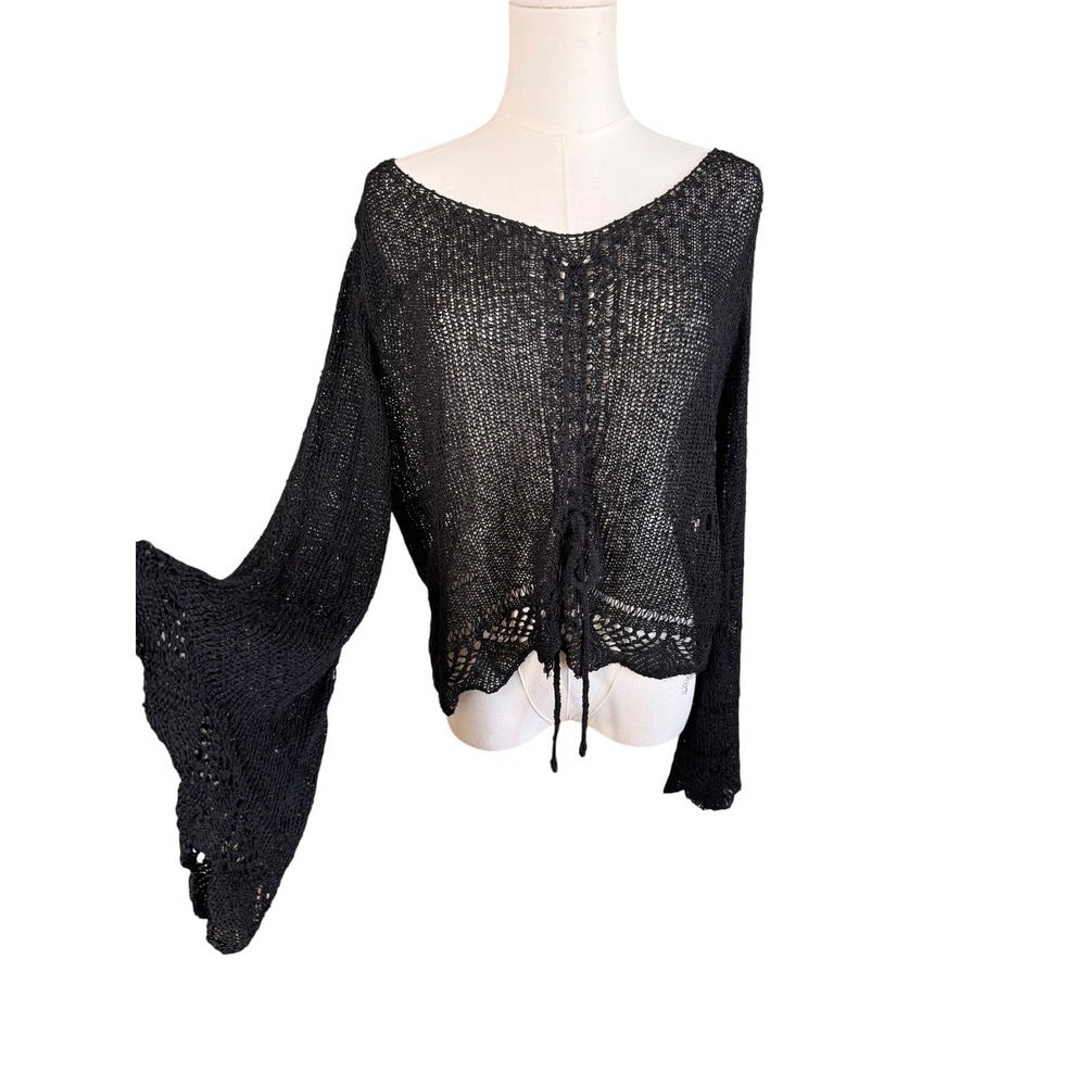 Natural Life Black Open Knit Bell Sleeve Boho Lace Up Sweater XL